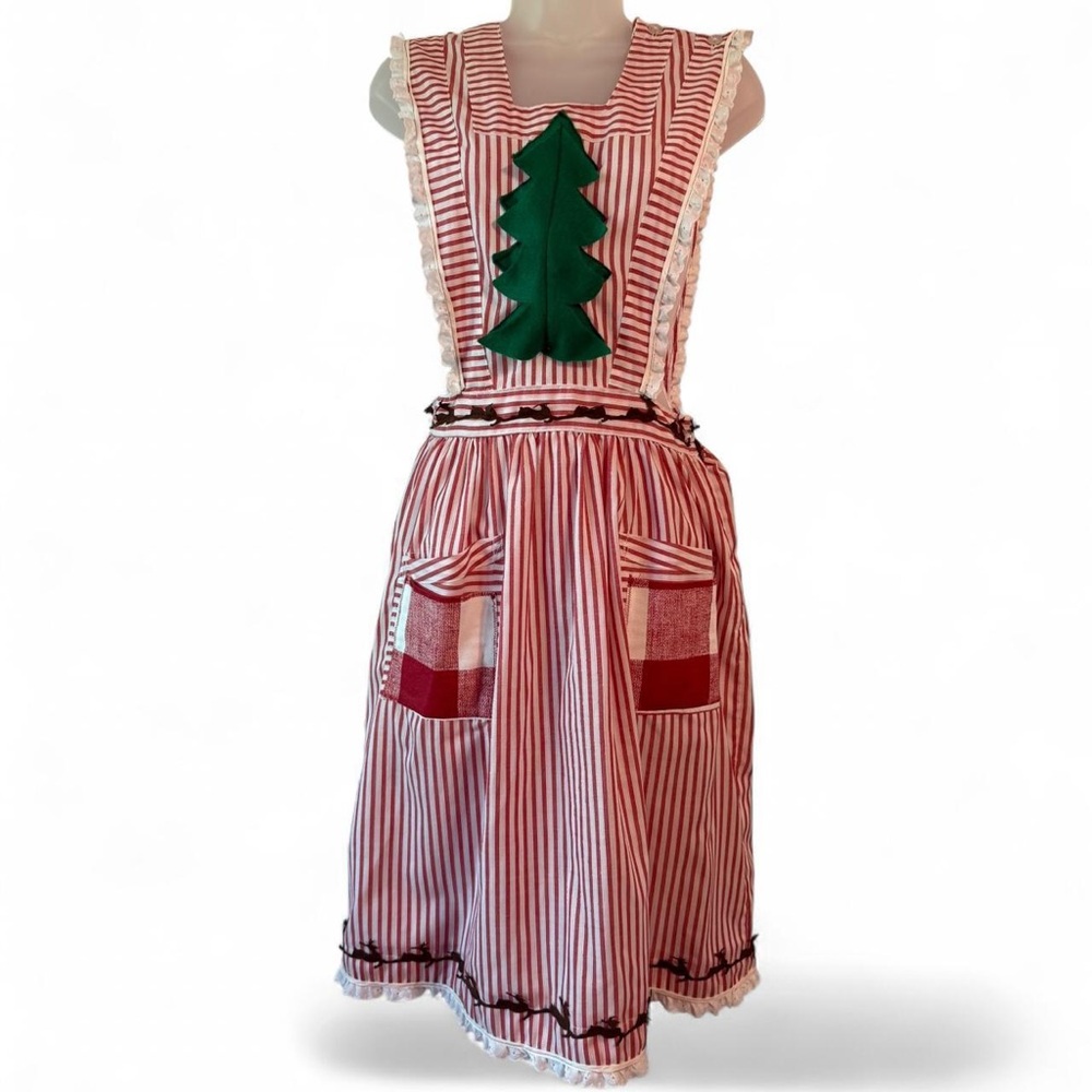 Vintage Red and White Striped Apron Dress with Green Tree Design